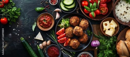 Vegetables, cheese, liver, and rice fritters on a rustic background