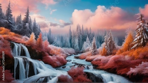 Color photo of a mystical snowy forest
