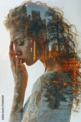 A double exposure image of a woman holding her head with her hands and with a cityscape and a lot of people behind her. She looks weighed down by heavy thoughts.  photo