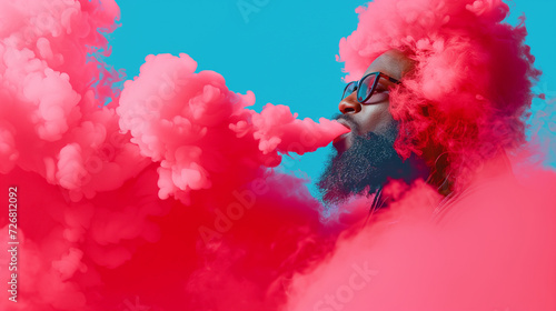 Man blowing pink smoke, vape, smoke cloud 