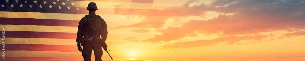 Silhouette of a soldier at sunset with American Flag Silhouette of a soldier at sunset with American Flag