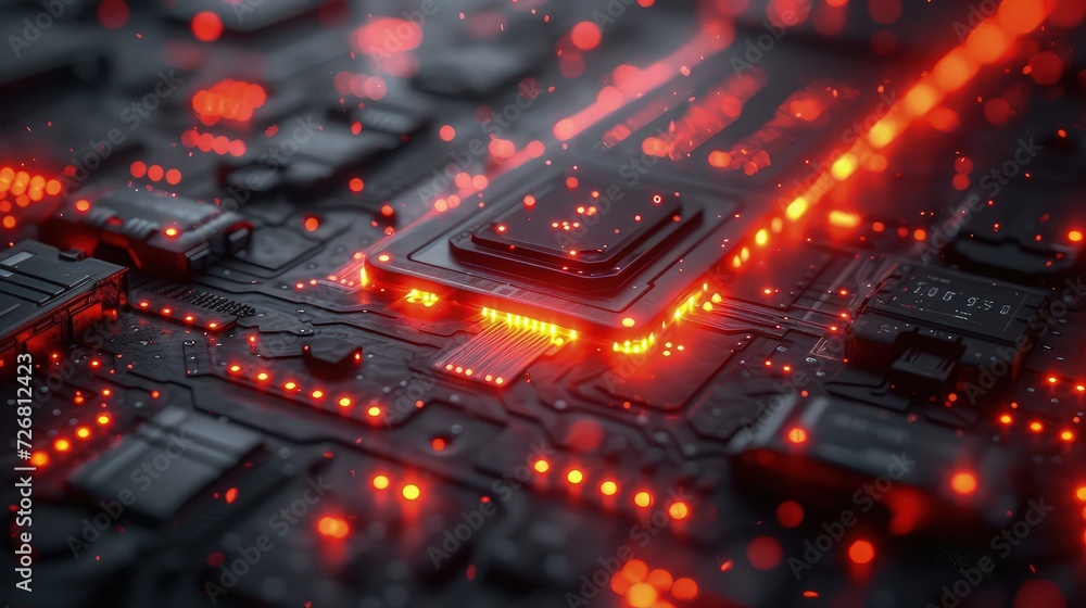 Obraz premium Close-up of Glowing Circuit Board with Orange Lights and Microchips - Technology Texture Background. Futuristic background.