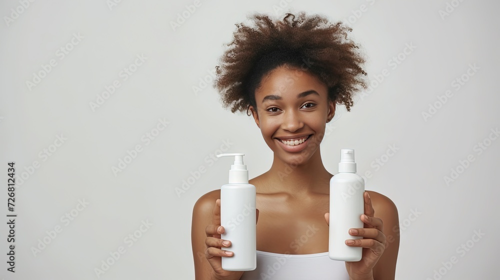 Cheerful African American young woman holding blank bottle for shampoo/conditioner/lotion/toiletries concept on solid white background Cheerful African American young woman holding blank bottle for shampoo/conditioner/lotion/toiletries concept on solid white background