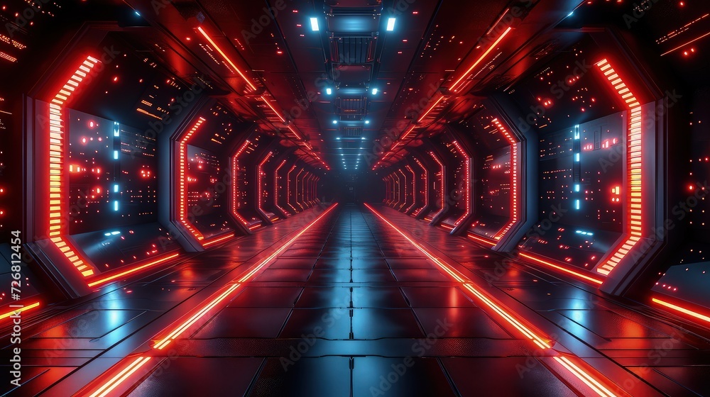 futuristic hallway tunnel with red and blue light. Futuristic Technology theme wallpaper background.