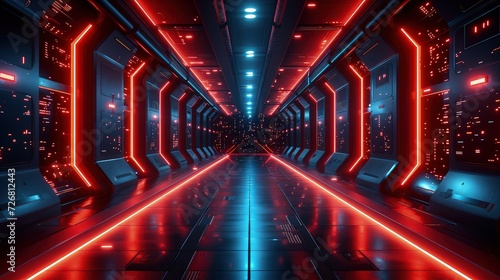 futuristic hallway tunnel with red and blue light. Futuristic Technology theme wallpaper background.