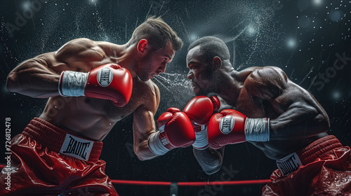 Two boxers fighting on the ring. Splashes sweat on the background. Generative AI. © Peachaya