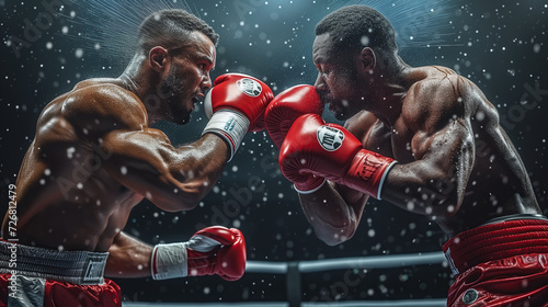 Two boxers fighting on the ring. Splashes sweat on the background. Generative AI. © Peachaya