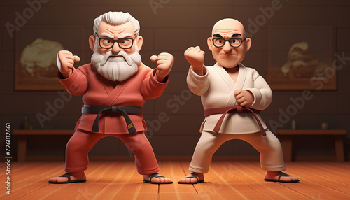 Two animated senior martial artists in gis striking poses in a dojo, with a high-quality 3D animation style. photo
