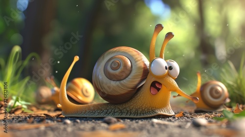 Cartoon scene Just as the finish line comes into view one snail decides to take a quick break and withdraws into its shell for a nap. The other snails try to coax photo