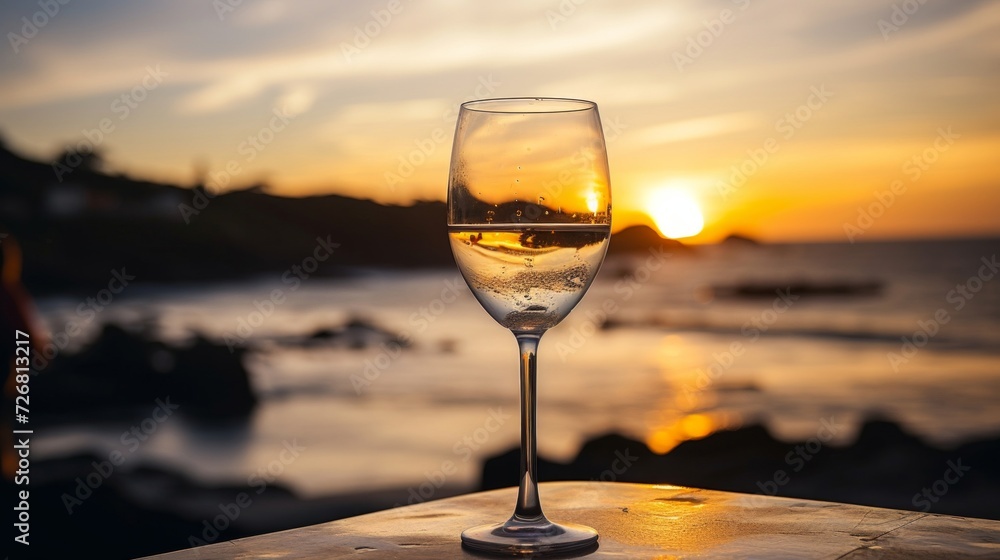 The golden hues of a coastal sunset viewed through the elegant silhouette of a glass of white wine.