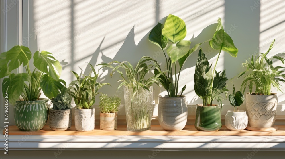 A collection of diverse houseplants thriving on a window sill bathed in sunlight. A collection of diverse houseplants thriving on a window sill bathed in sunlight.