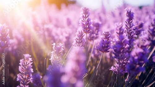 Sunset over a fragrant field of lavender  with golden sunlight highlighting the purple blooms.