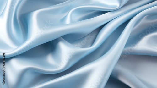 Smooth waves of a soft blue satin cloth with a shiny, silky texture and elegant folds.