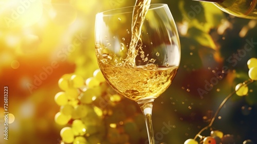 Pouring crisp white wine into a glass with a sunlit vineyard in the background  depicting winemaking.