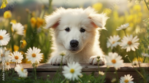 Adorable fluffy puppy lying on a wooden platform surrounded by daisies in the warm sunlight, evoking happiness and peace.