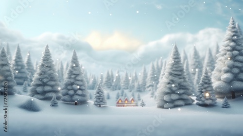Serene winter scene with snow-covered trees and a cozy village, ideal for seasonal backgrounds and holiday themes. © tashechka