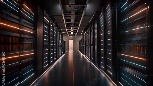 Digital information flows through network and data servers behind mesh panels in a server room of a data center photo