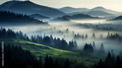 Foggy morning in the mountains. Misty landscape with coniferous forest.