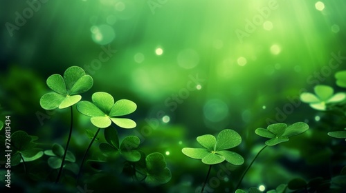Soft focus on fresh green clover leaves with dreamy light creating a tranquil scene.