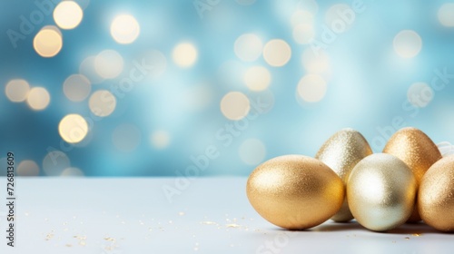 Glittering golden Easter eggs with a shimmering bokeh backdrop create a magical holiday atmosphere.