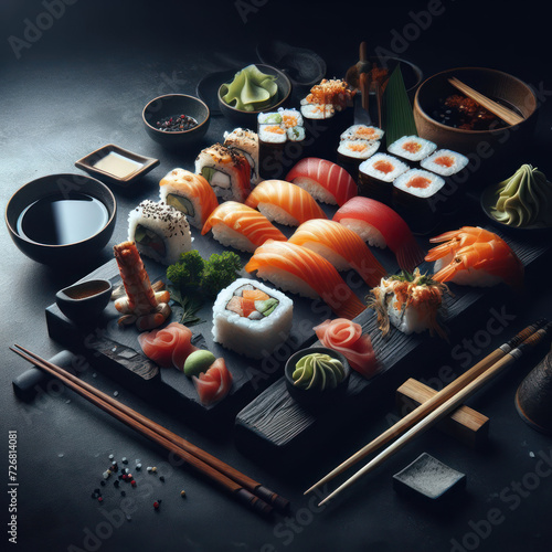 Sushi, sushi nigiri and maki. Japanese sushi with tuna, salmon, shrimp, crab and avocado. sushi rolls, rice and fish, soy sauce on a dark stone. sushi roll, uramaki, hosomaki and nigiri.