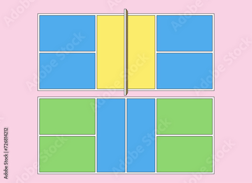 Set of two outlined pickleball courts with vibrant retro colors. Top view court with net and shadow. Flat vector illustration.