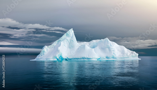 dramatic photo of a large iceberg on a calm sea