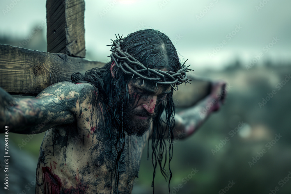 Jesus Christ on the cross, sad and tortured on Good Friday, the day of Christ's passion full of pain