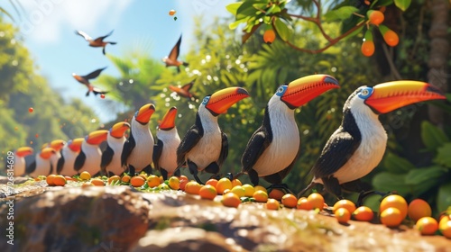 Cartoon scene A parade of colorful toucans marching down the canyon walls dropping a trail of citrus fruits behind them as they go.