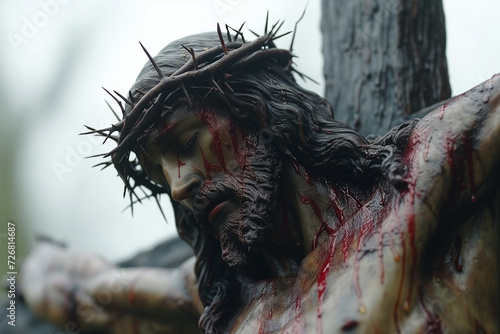 Statue of the Passion of Christ, hanging to die on the cross with blood and pain, an element of Holy Week procession on Good Friday