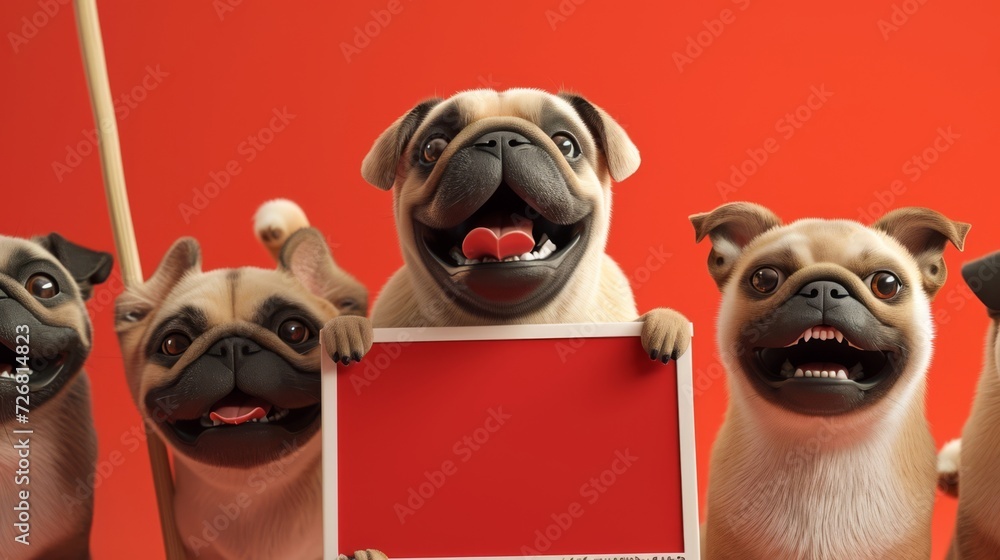 Obraz premium A bulldog soprano singing her heart out while her supportive pug friends hold up a sign that reads Proud Pug Parents