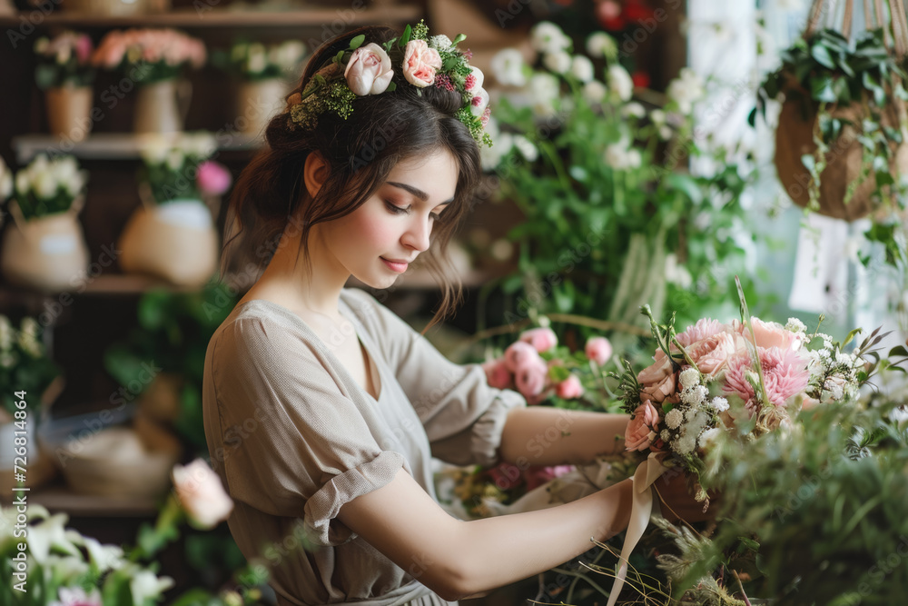 florist arranging a bouquet in a shop with a ribbon and a lovely look on their face and a dress