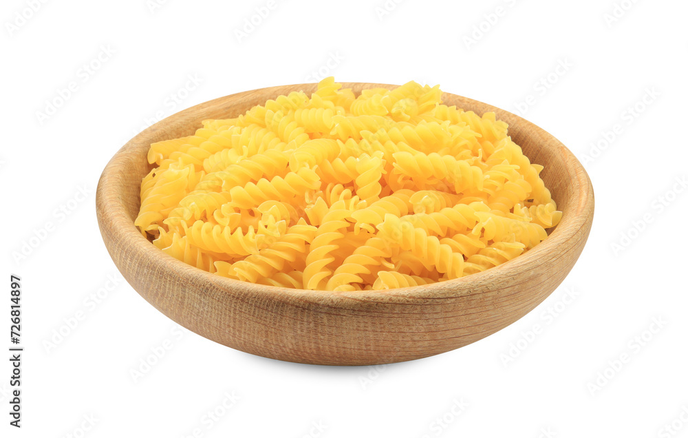 Raw fusilli pasta in bowl isolated on white Raw fusilli pasta in bowl isolated on white