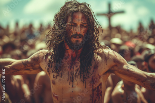 Passion of Christ on Good Friday, humiliated and insulted in the streets of Jerusalem, covered in blood and sweat for the cross photo