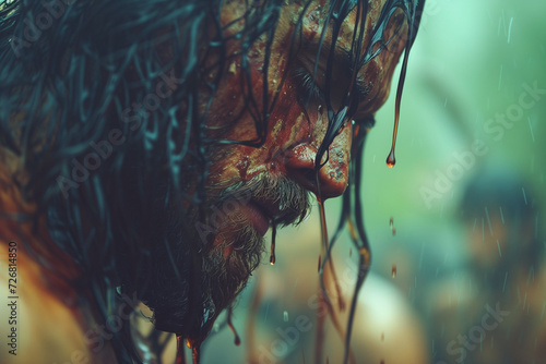 Portrait of Jesus of Nazareth on the cross, blood and sweat on the face due to the crown of thorns, on a sad Good Friday of Christ's passion