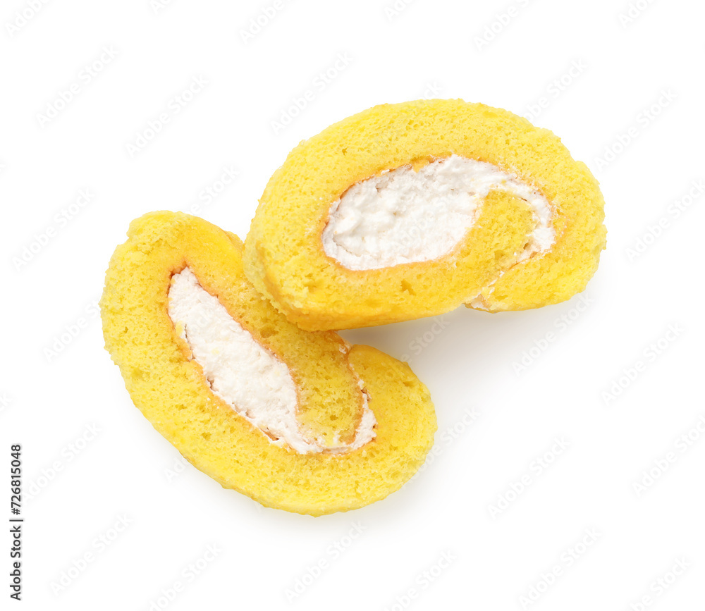 Delicious cake roll with cream filling isolated on white, top view Delicious cake roll with cream filling isolated on white, top view