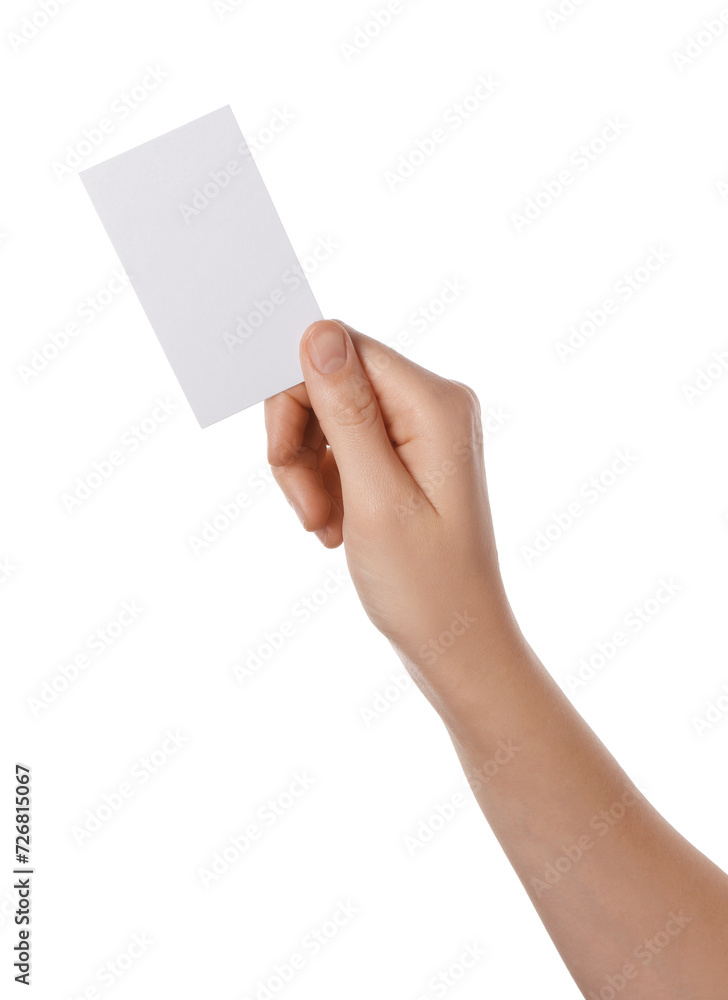 Woman holding blank business card on white background, closeup. Mockup for design Woman holding blank business card on white background, closeup. Mockup for design