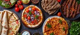 Turkish dishes like pizza, pita, and kebab served in a restaurant with a background image and top view.
