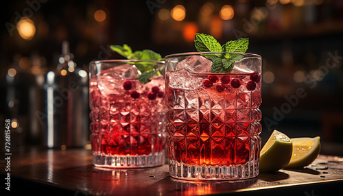 Refreshing cocktail with ice, fruit, and fresh mint leaves generated by AI © Stockgiu
