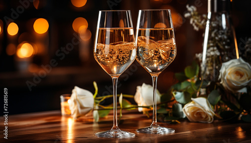 Romantic celebration wine, champagne, table, romance, drinking glass, night generated by AI