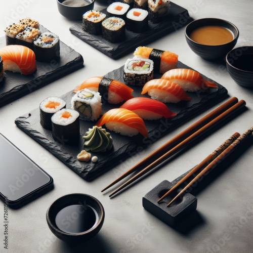 Sushi, Assorted sushi nigiri and maki big set. Japanese sushi with tuna, crab, salmon, eel and rolls. sushi rolls, rice and fish, soy sauce on a dark stone. sushi roll, uramaki, hosomaki and nigiri.