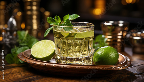 Fresh mojito cocktail on wooden table with citrus fruit slice generated by AI