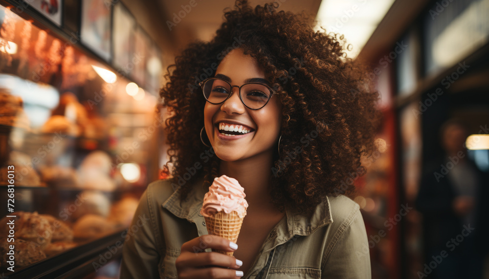 Young woman enjoying ice cream outdoors, smiling with confidence generated by AI - obrazy, fototapety, plakaty 