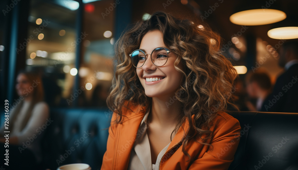 A beautiful young woman sitting indoors at a coffee shop, smiling generated by AI