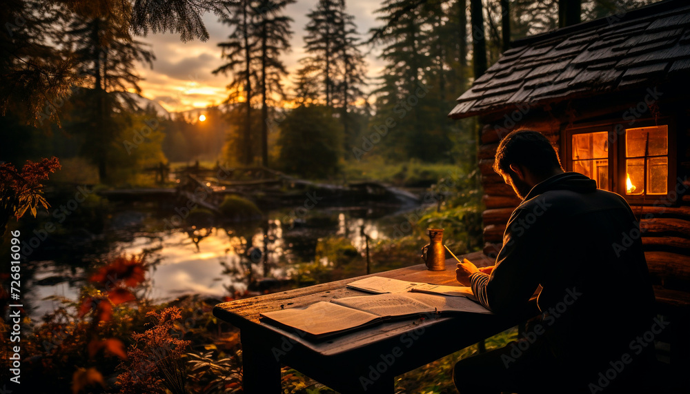 Fototapeta premium A man reading a book in the tranquil forest generated by AI