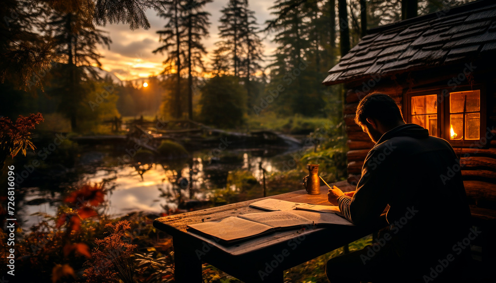 A man reading a book in the tranquil forest generated by AI