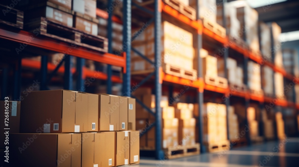 Stacked cardboard boxes on metal shelves in a spacious logistics warehouse. Stacked cardboard boxes on metal shelves in a spacious logistics warehouse.