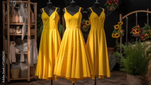 Three vibrant yellow dresses displayed on mannequins in a cozy boutique setting.