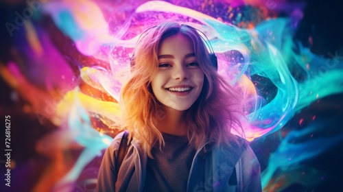Cheerful young woman wearing headphones with a vivid neon swirl background, expressing joy and youthfulness.