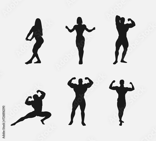 bodybuilding silhouette set. male and female athlete, bodybuilder, sport. isolated on white background. vector illustration.